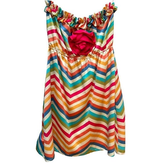 Judith March Dress Chevron Ruffled Retro Strapless  Flower Accent Festival Large - Picture 1 of 7